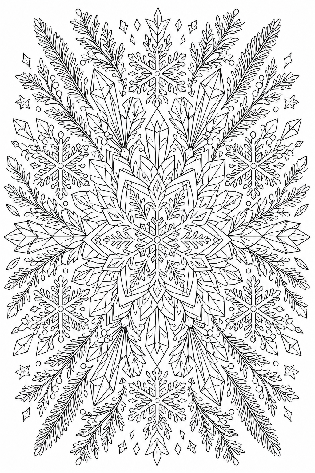 Free Adult Coloring Christmas Pages – Symmetrical Winter Snowflake Mandala