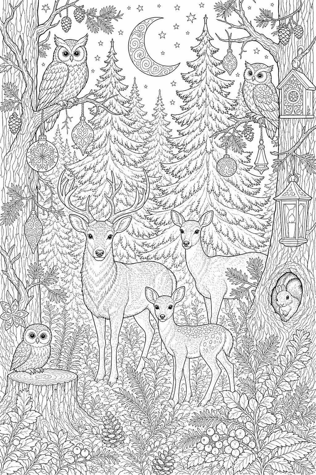 Adult Christmas Coloring Pages Printable – Intricate Nighttime Pine Forest with Hidden Details