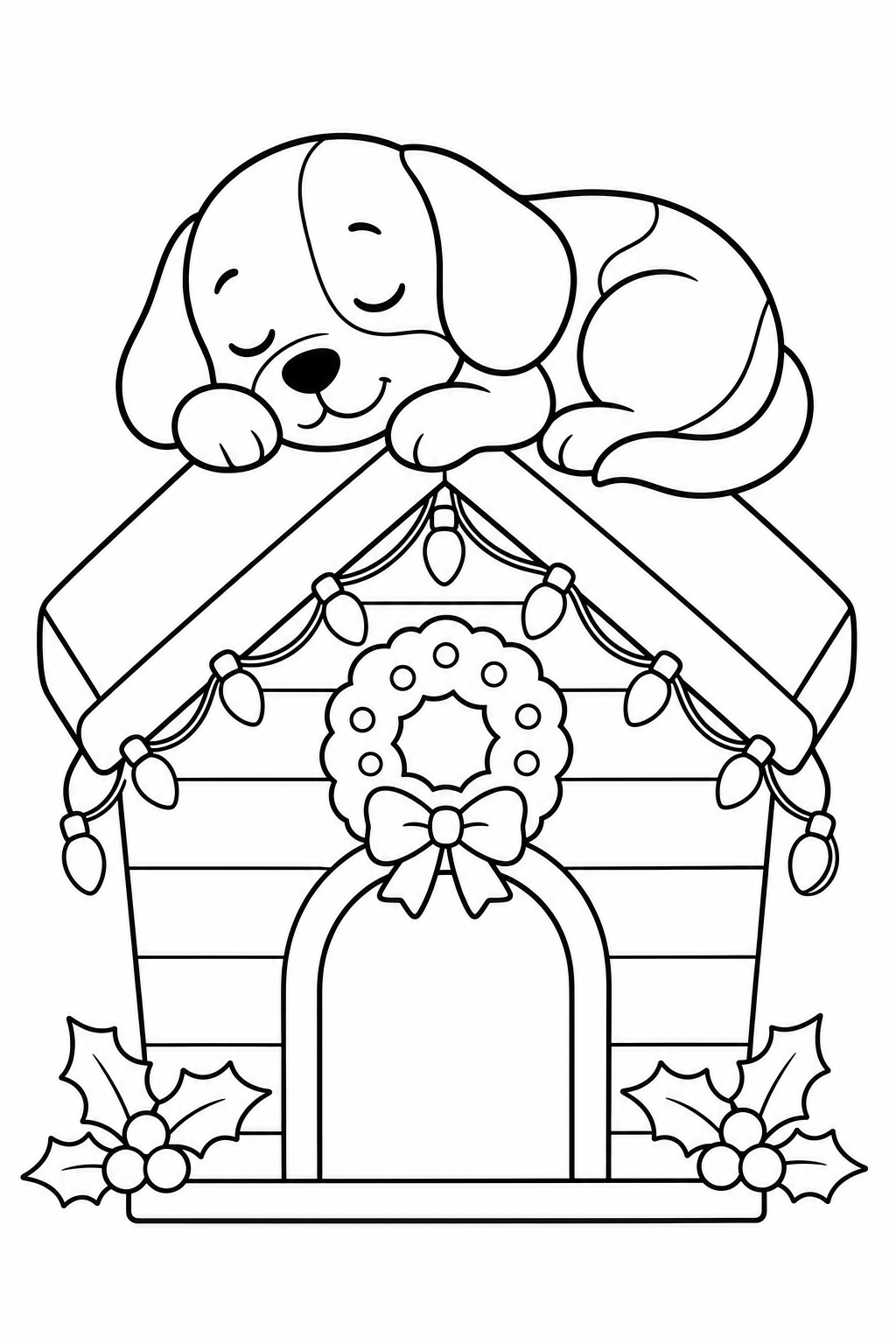 Cute Beagle Sleeping on Decorated Doghouse Christmas Coloring Page