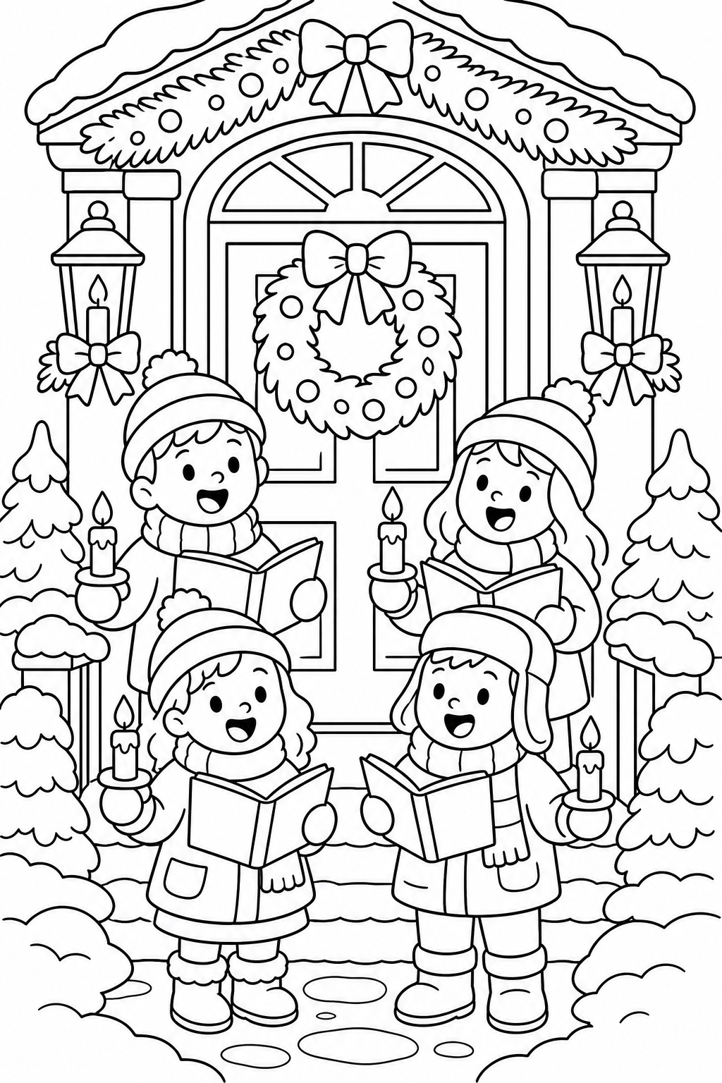 Bundled Carolers Singing by Candlelight on a Snowy Doorstep Coloring Page