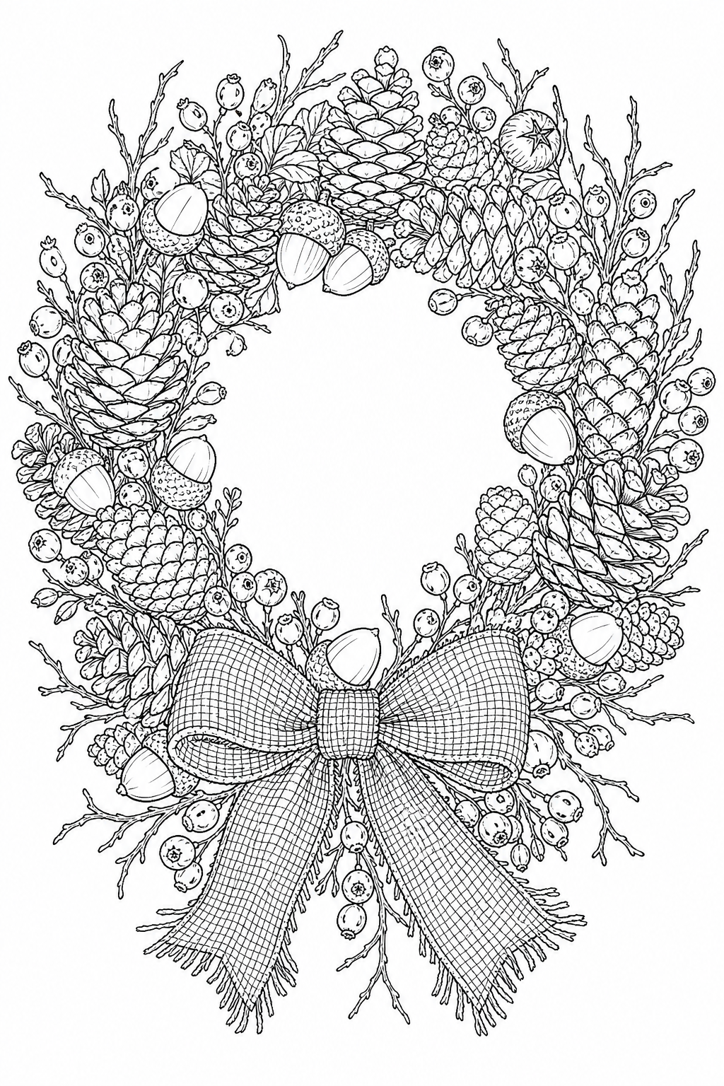 Rustic Pine Cone Christmas Wreath Coloring Page