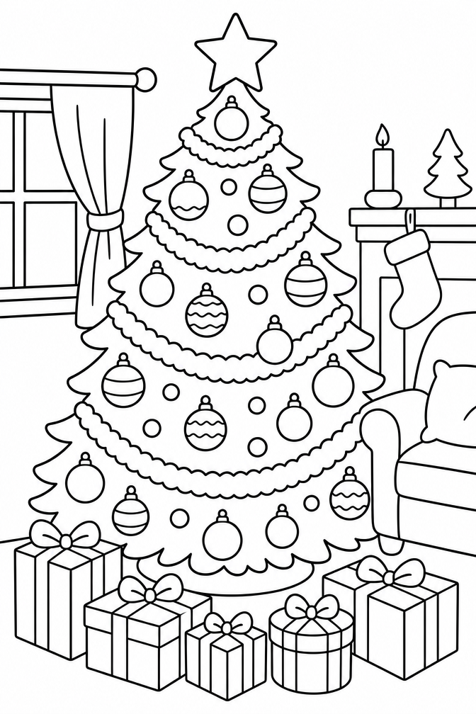 Christmas Tree Coloring Page – Tall Decorated Tree in a Cozy Living Room