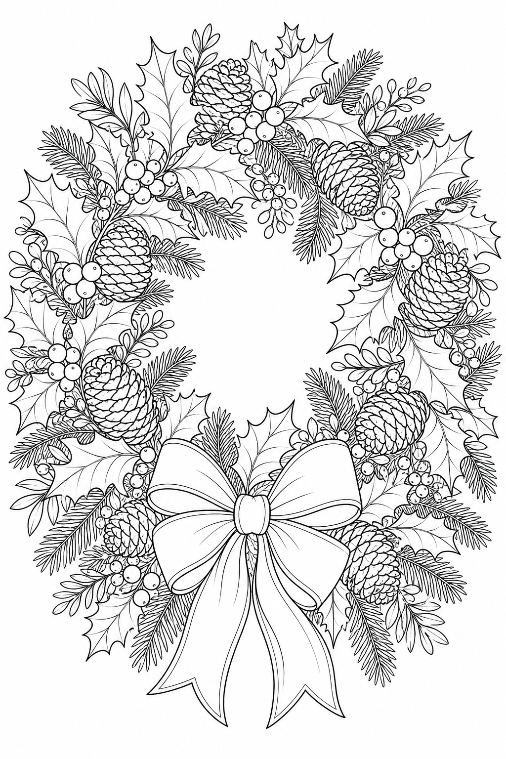 Christmas Wreath Coloring Pages – Holly, Pine Cones, and Satin Bow Design