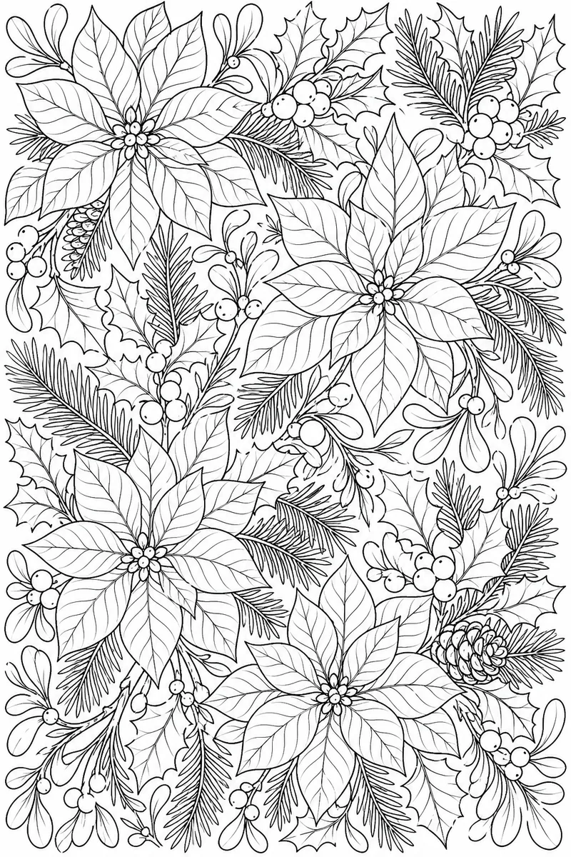 Adult Christmas Coloring Pages – Dense Botanical Poinsettias, Mistletoe, and Holly