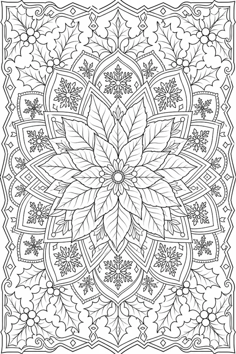 Christmas Coloring Pages for Adults – Intricate Poinsettia Mandala With Holly Borders