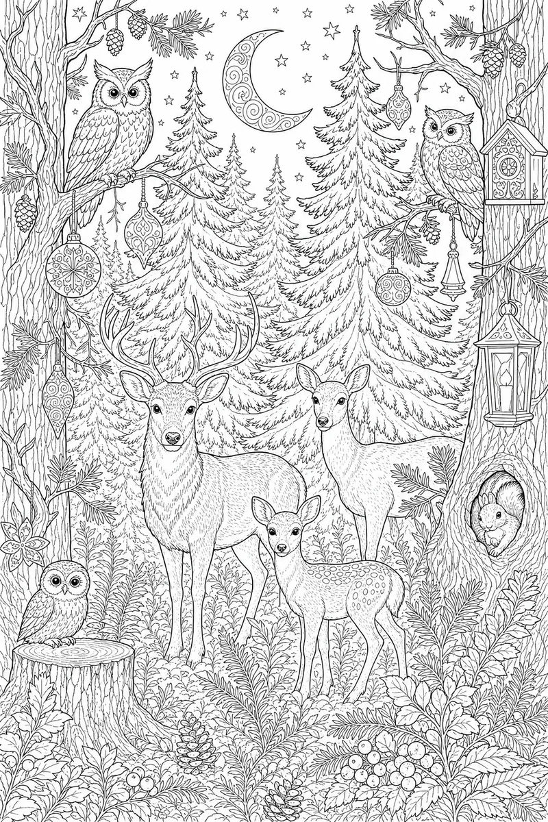 Adult Christmas Coloring Pages Printable – Intricate Nighttime Pine Forest with Hidden Details