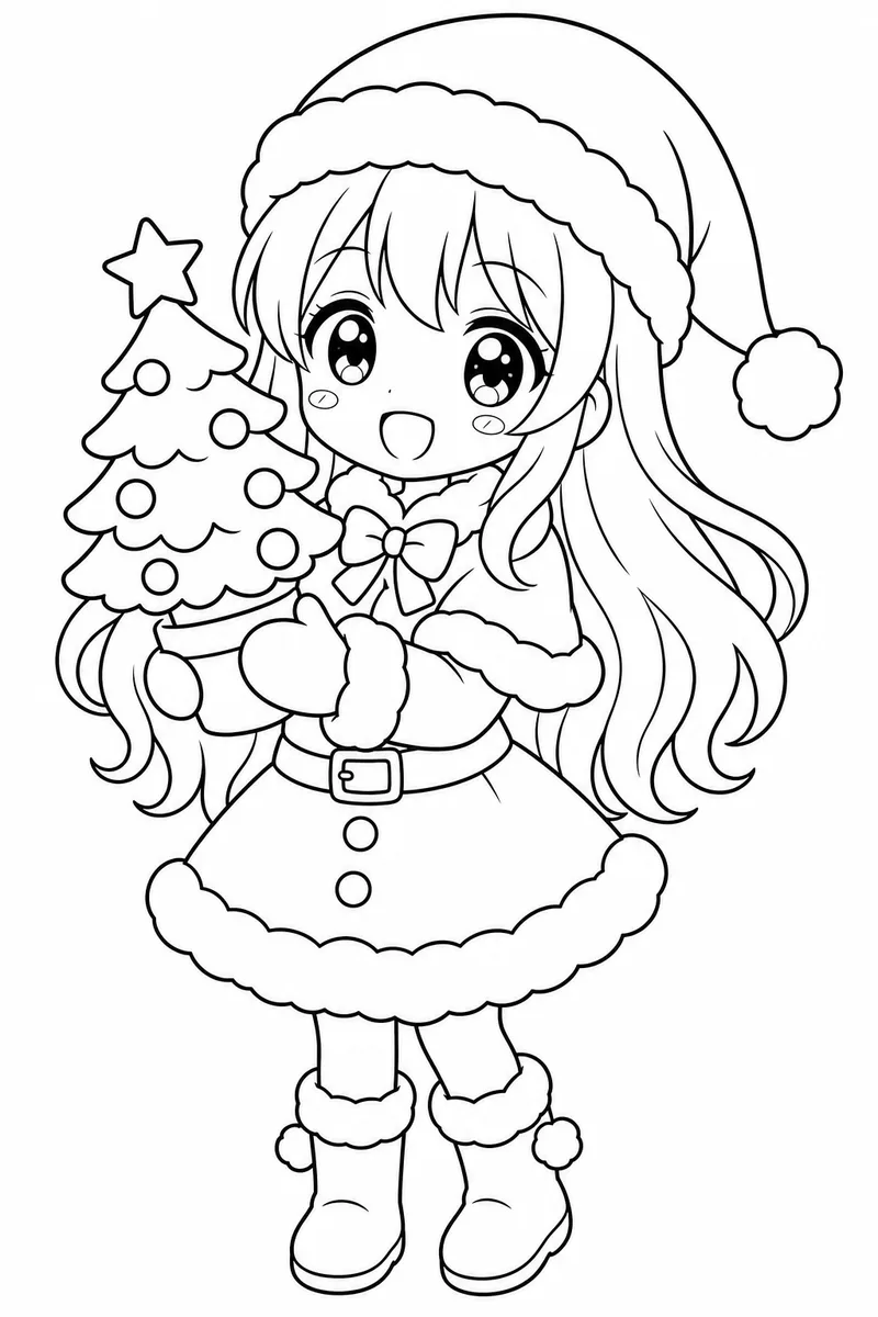 Cute Christmas Anime Girl Coloring Pages – Santa Outfit with Sparkling Eyes