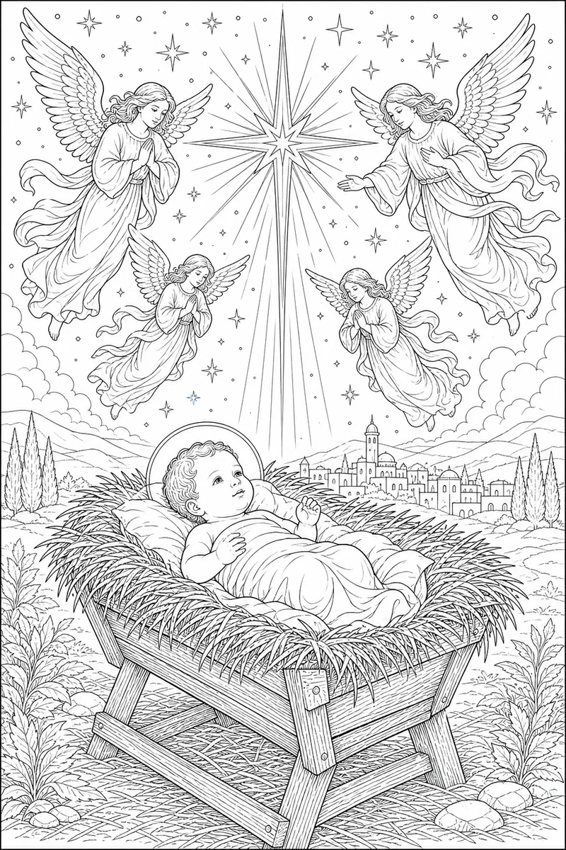 Christmas Coloring Pages with Jesus – Baby in a Manger Beneath a Radiant Star