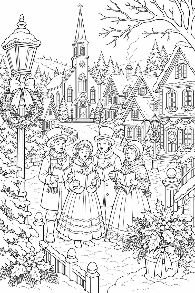 Christmas Card Coloring Pages – Snow-Covered Village with Carolers and Church