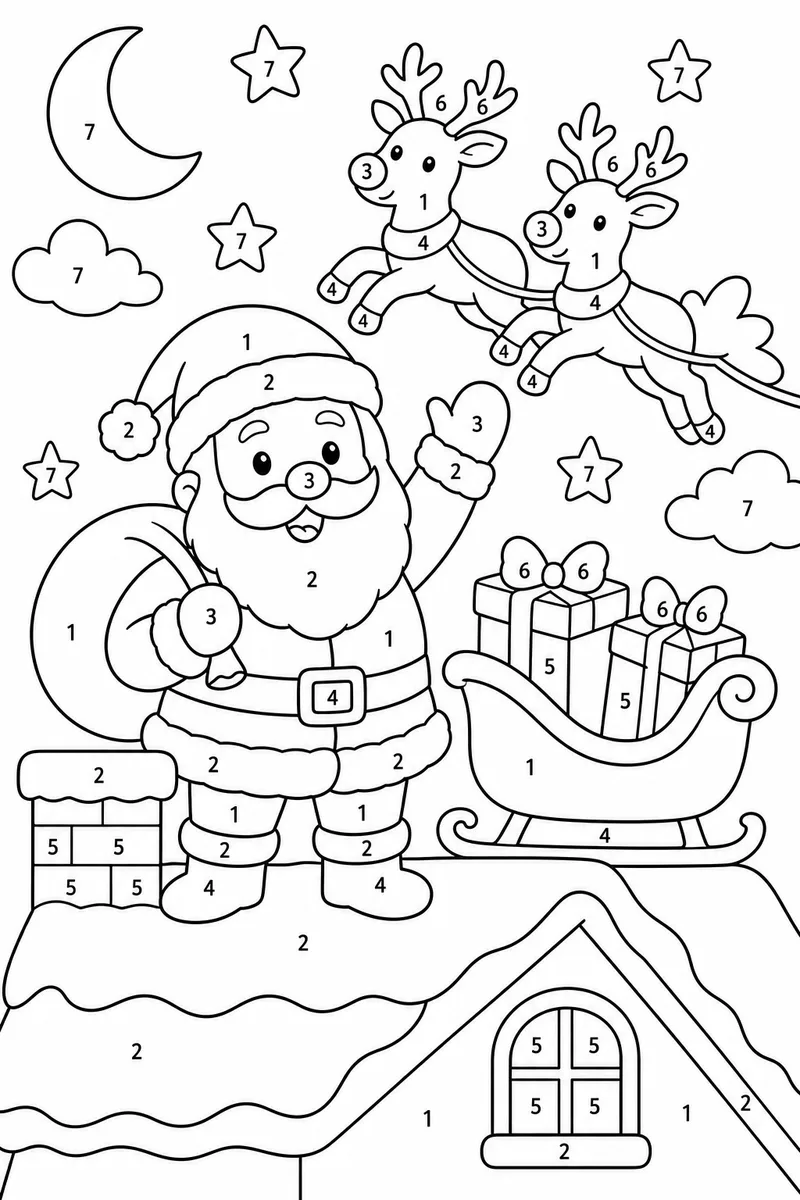 Color by Number Christmas Pages – Santa's Sleigh, Gifts, and Reindeer on a Rooftop