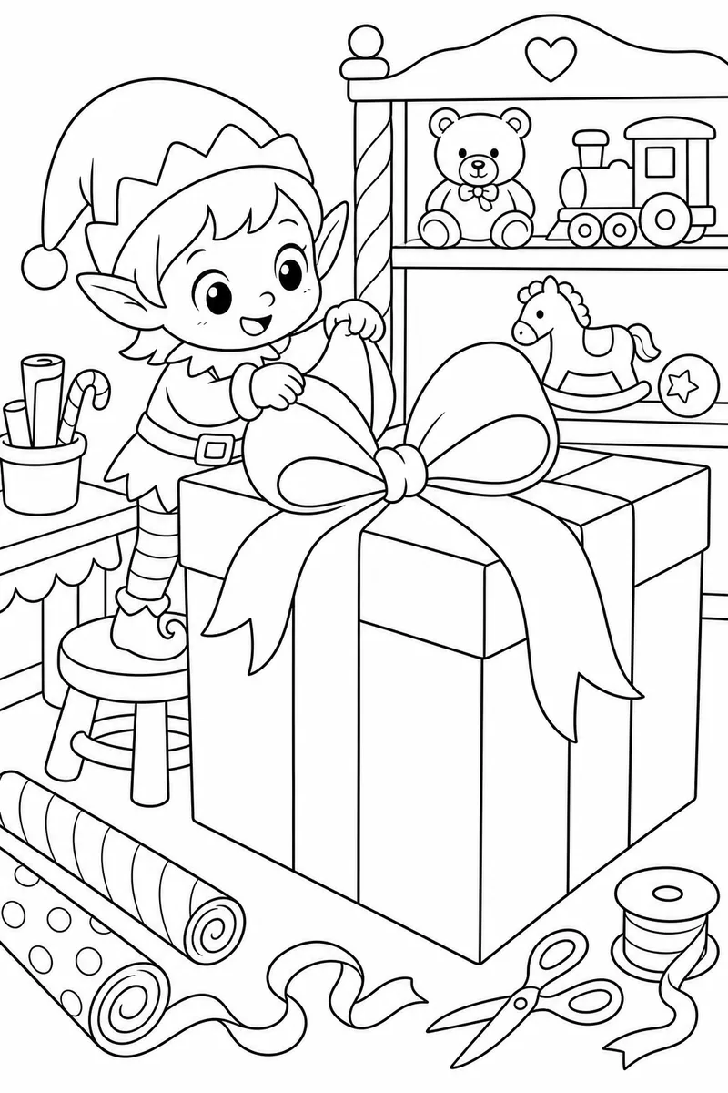 Cute Coloring Pages for Christmas – Tiny Elf Wrapping an Oversized Present