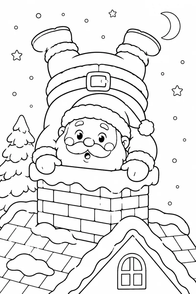 Cute Christmas Coloring Pages – Chubby Santa Squeezed Into a Chimney