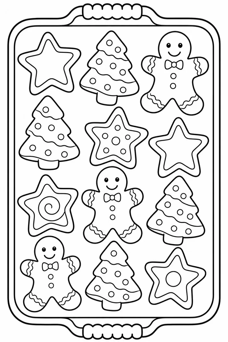 Christmas Cookie Coloring Pages – Star, Tree, and Gingerbread Man Tray