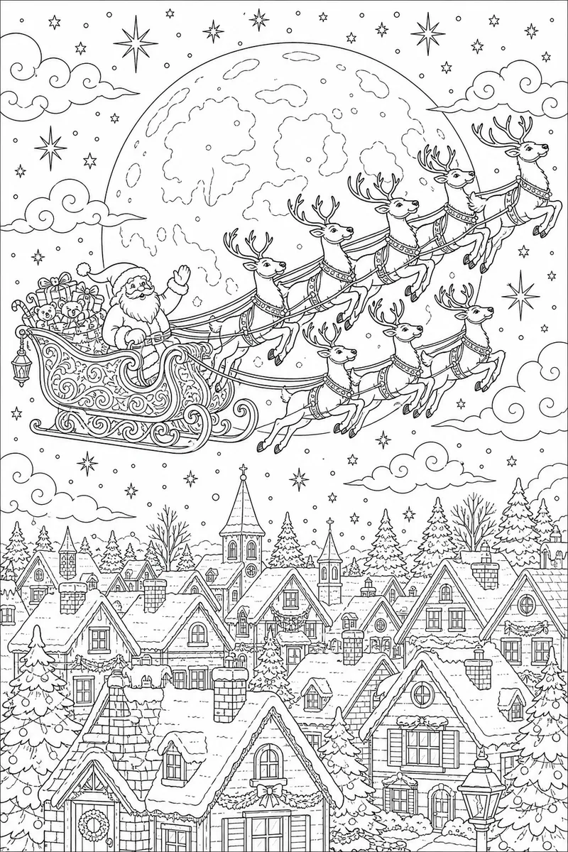 Christmas Reindeer Coloring Pages – Santa's Sleigh Across a Full Moon Night Sky