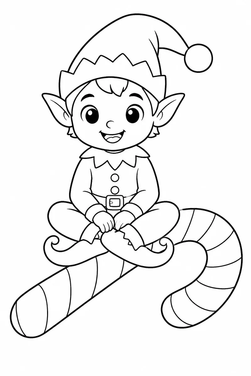 Free Christmas Coloring Pages for Kids – Smiling Elf Sitting on a Giant Candy Cane