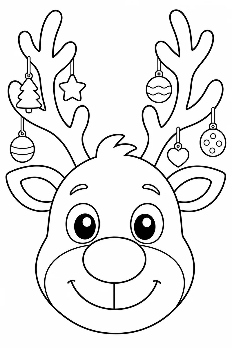 Free Children's Christmas Coloring Pages – Big Bold Reindeer Face with Ornament Antlers