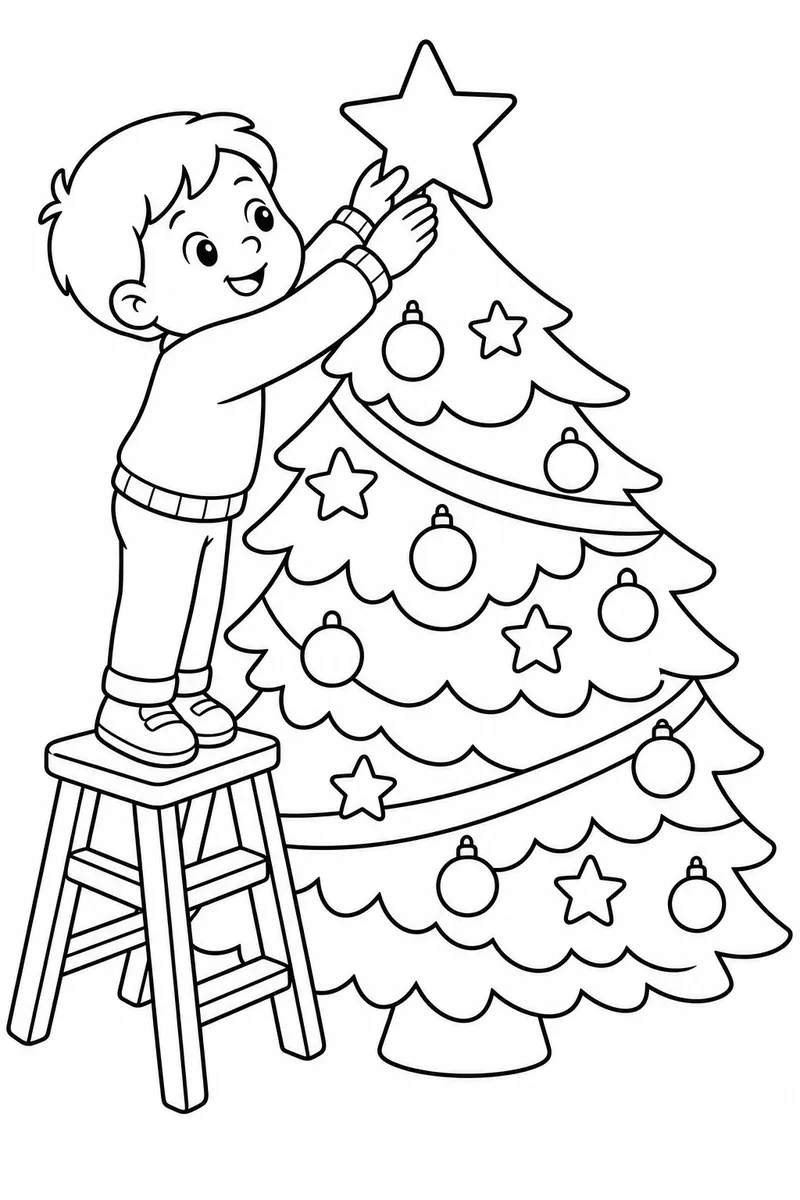 Kids Christmas Coloring Pages – Child Placing a Star on Top of a Decorated Tree