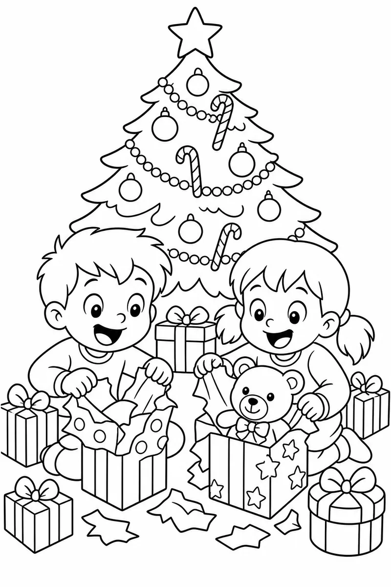 Christmas Coloring Pages for Kids – Two Children Opening Presents