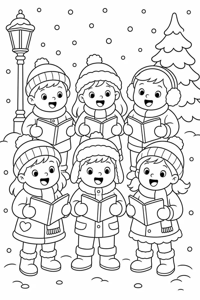 Peanuts Christmas Coloring Pages – Round-Headed Kids Caroling in Falling Snow