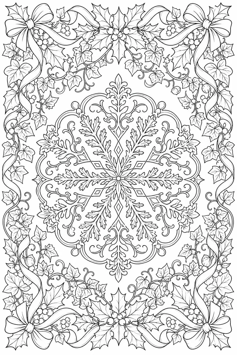 Printable Coloring Pages for Adults Christmas – Holly and Snowflake Medallion Border