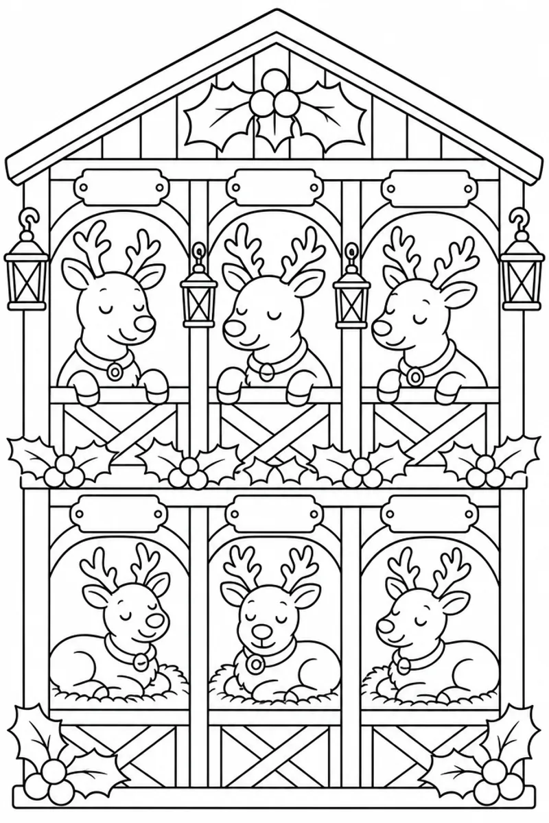 Reindeer Resting in Christmas Stables Coloring Page