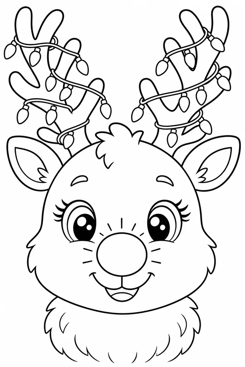 Cute Reindeer with Glowing Red Nose and Twinkle Light Antlers Coloring Page