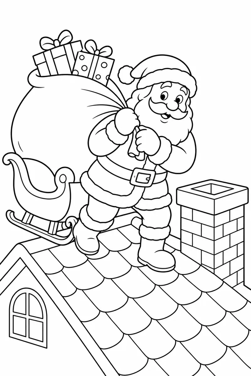 Christmas Coloring Pages Santa Claus – Santa Pulling a Gift Sack Toward a Chimney