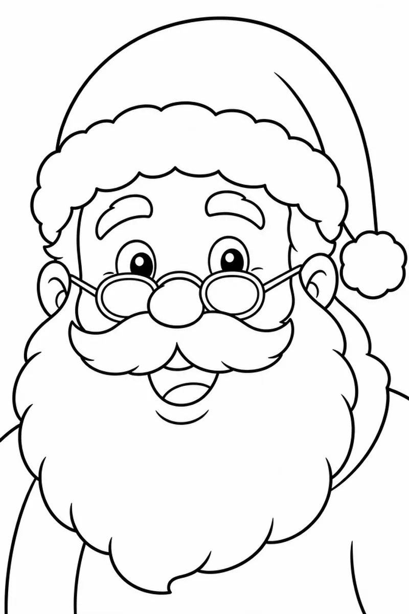 Christmas Coloring Pages of Santa – Close-Up Portrait with Glasses and Fluffy Beard