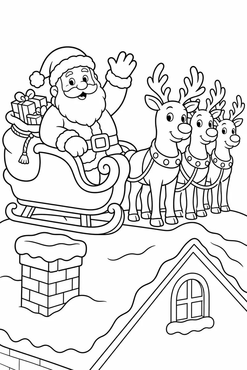 Christmas Santa Coloring Pages – Santa Waving from His Sleigh on a Rooftop