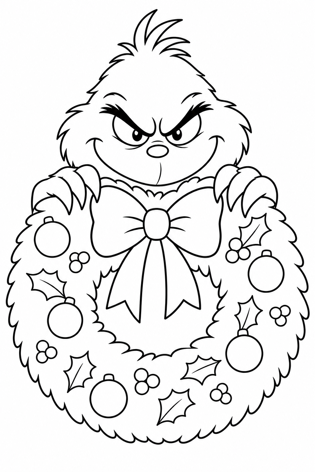 Grumpy Green Creature Peeking Over a Christmas Wreath Coloring Page