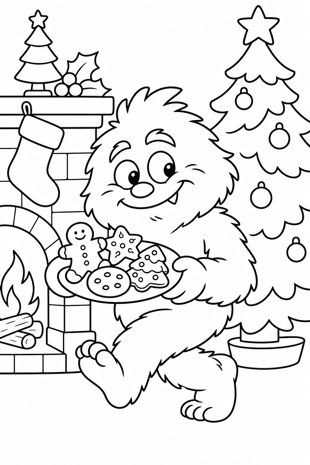 Furry Green Creature Stealing Christmas Cookies Coloring Page