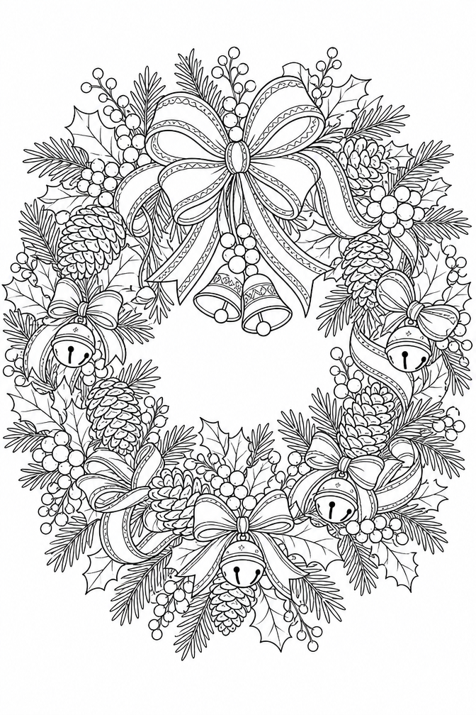 Christmas Coloring Book for Adults – Intricate Holiday Wreath with Pinecones and Bells