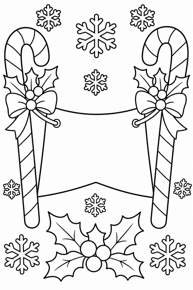 Merry Christmas Coloring Pages – Holiday Banner With Candy Canes and Holly