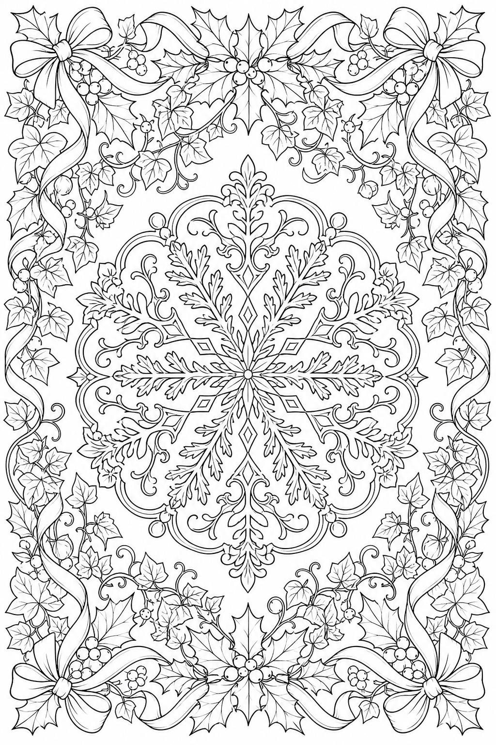 Printable Coloring Pages for Adults Christmas – Holly and Snowflake Medallion Border