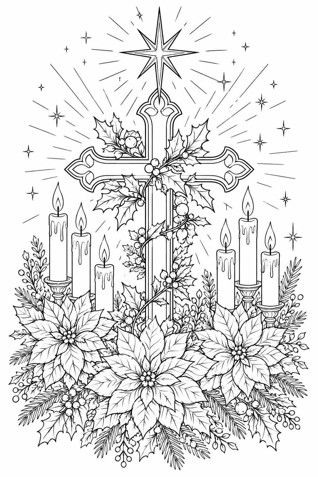 Christmas Religious Coloring Pages – Glowing Cross with Star of Bethlehem and Poinsettias