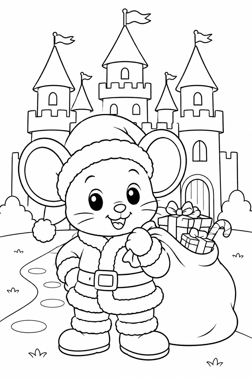 Big-Eared Cartoon Mouse Dressed as Santa Claus Coloring Page