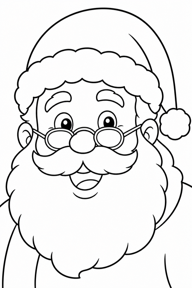 Christmas Coloring Pages of Santa – Close-Up Portrait with Glasses and Fluffy Beard
