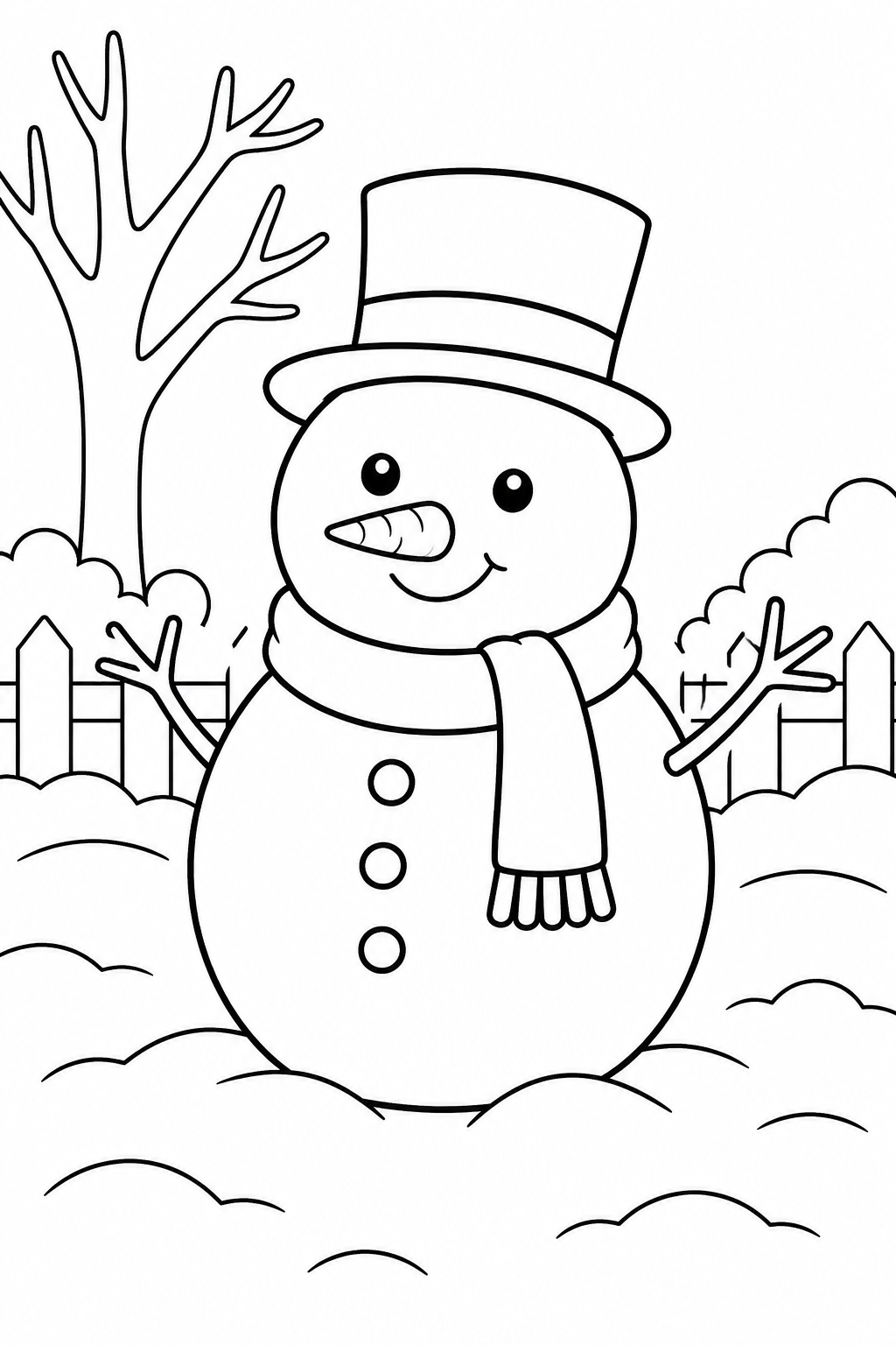 Easy Christmas Coloring Pages – Simple Snowman With Scarf and Top Hat