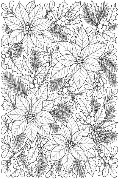 Adult Christmas Coloring Pages – Dense Botanical Poinsettias, Mistletoe, and Holly
