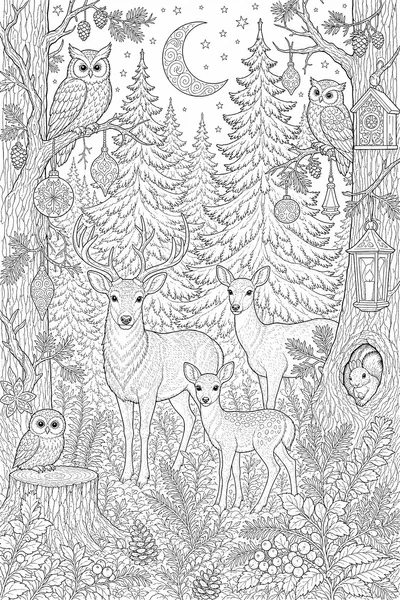 Adult Christmas Coloring Pages Printable – Intricate Nighttime Pine Forest with Hidden Details