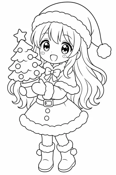 Cute Christmas Anime Girl Coloring Pages – Santa Outfit with Sparkling Eyes