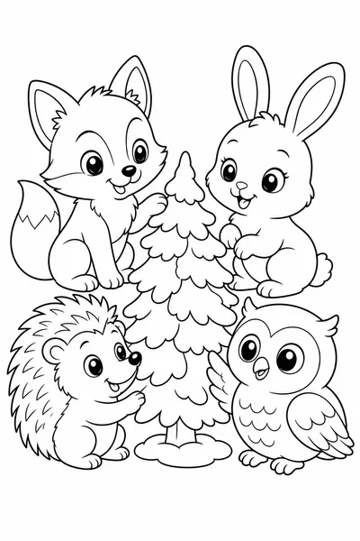 Baby Woodland Animals Christmas Tree Coloring Page
