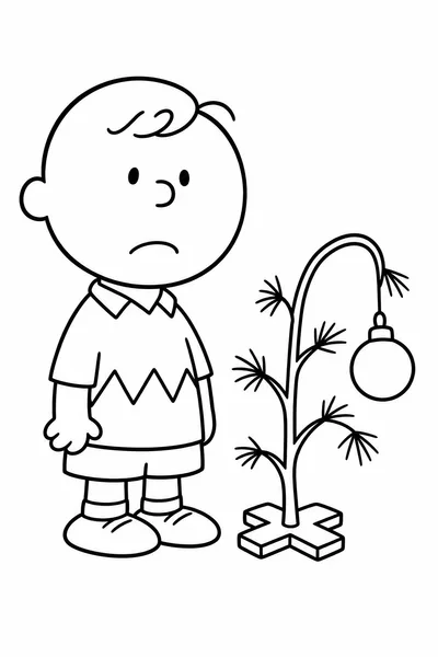 Round-Headed Boy With a Tiny Drooping Christmas Tree Coloring Page