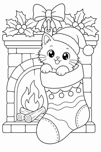 Christmas Cat Coloring Page – Fluffy Cat in a Santa Hat Inside a Giant Stocking