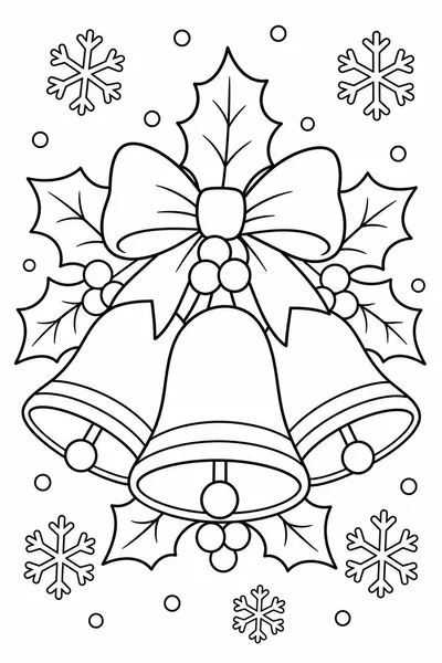 Christmas Pages to Color for Free – Three Large Bells with Holly and Snowflakes