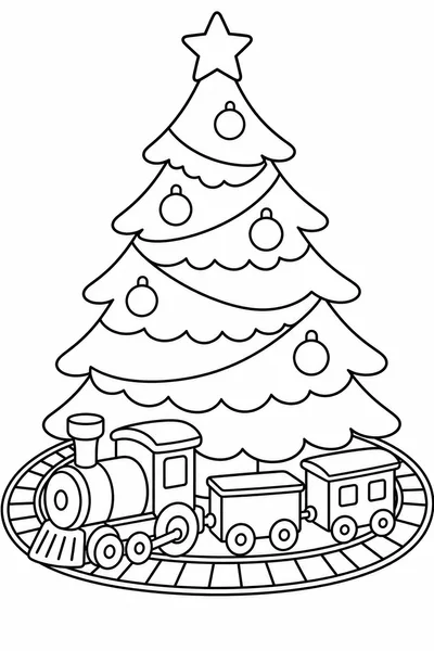 Toy Train Circling a Decorated Christmas Tree Coloring Page