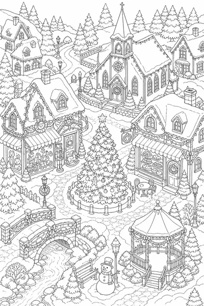 Aerial Snowy Christmas Village Coloring Page