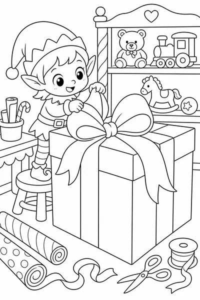 Cute Coloring Pages for Christmas – Tiny Elf Wrapping an Oversized Present