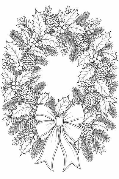 Christmas Wreath Coloring Pages – Holly, Pine Cones, and Satin Bow Design