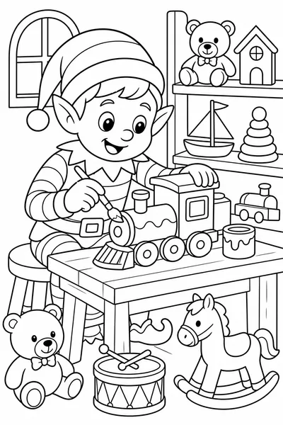 Christmas Elf Coloring Book – Cheerful Elf Painting a Toy Train at a Workbench